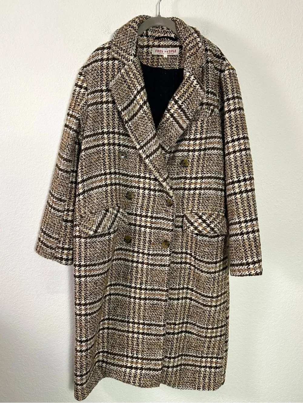 Free People Grunge Preppy Adore You Plaid Longline Wool Coat Brown Medium